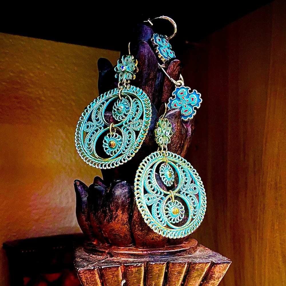 Set of 2: Earrings, teal and metal Boho style.